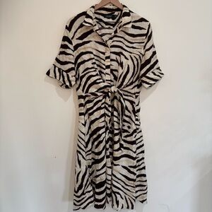 Lauren Ralph Lauren 100% Linen Zebra Print Tie Front Shirt Dress Size 14